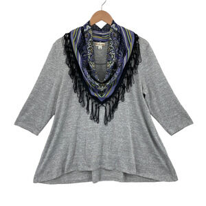 World Unity Soft Tunic and Scarf Duet Womens Large Gray Knit 3/4 Sleeve Pullover